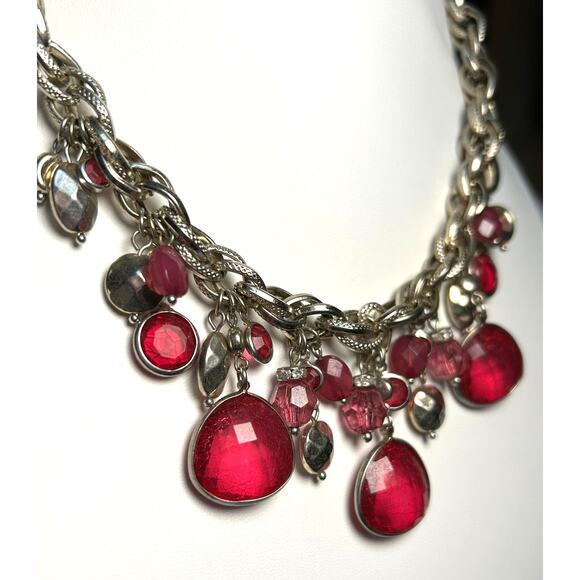 WHBM Faceted Dark Pink Gold Tone Bead Double Link Chain Necklace 18-19” - Picture 5 of 10
